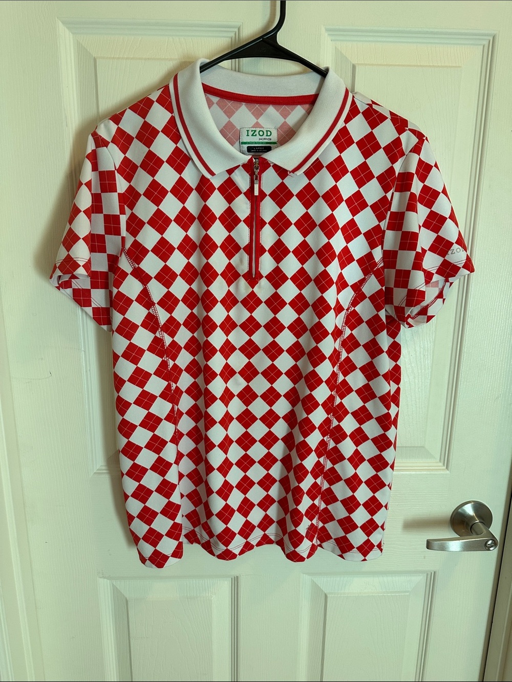 Izod Red and White Diamond-Print Zip Polo Shirt